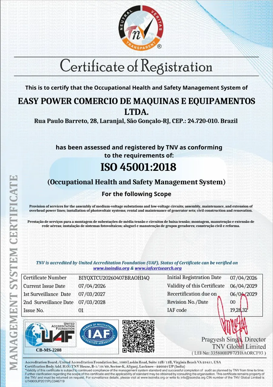 Certificado ISO 45001:2018 da Easy Power
