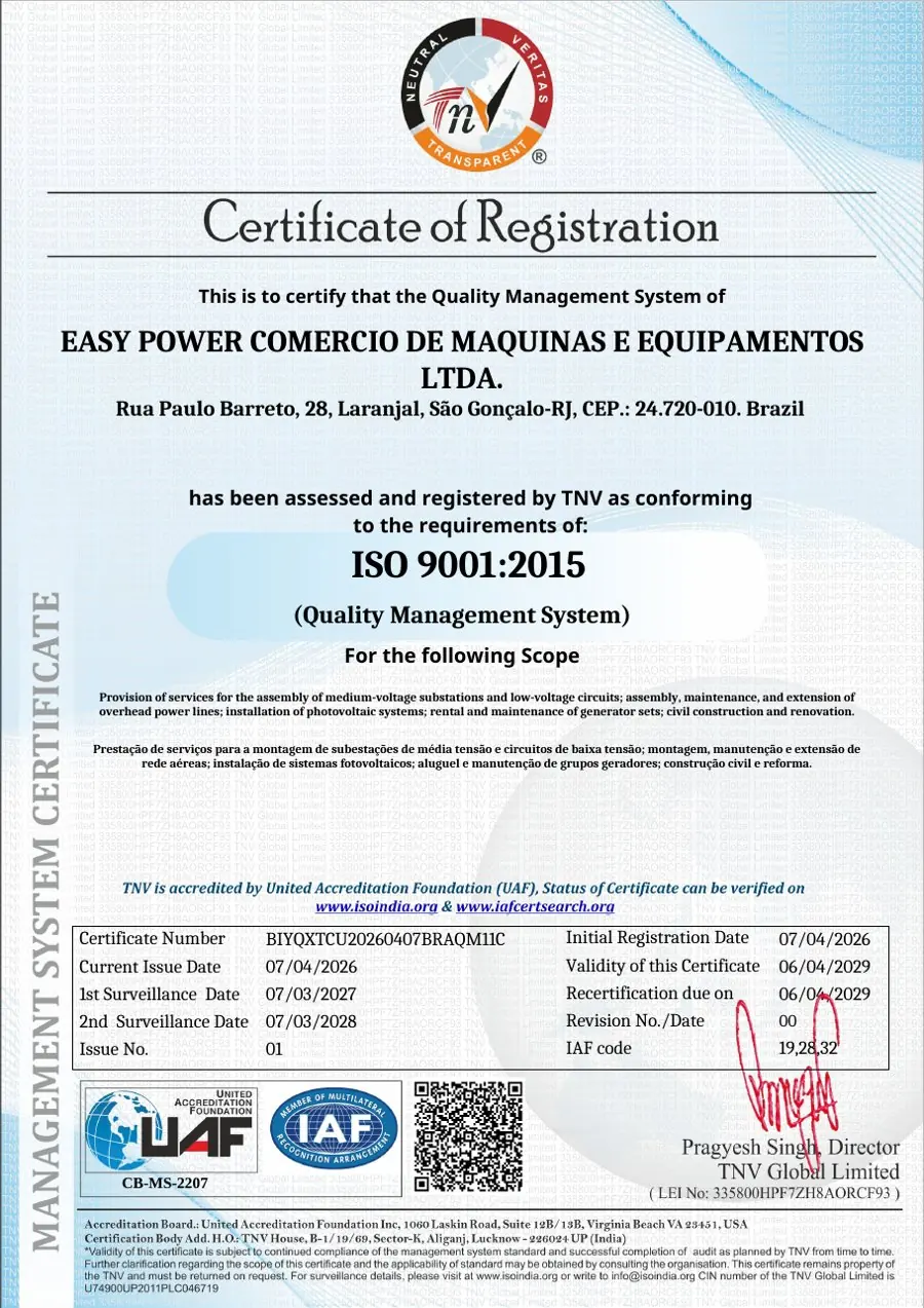 Certificado ISO 9001:2015 da Easy Power